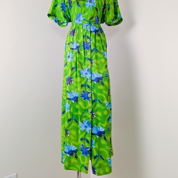 80's Babydoll Floral Dress Maxi Short Sleeve Waist Tie Long Floor Length - Picture 12 of 14